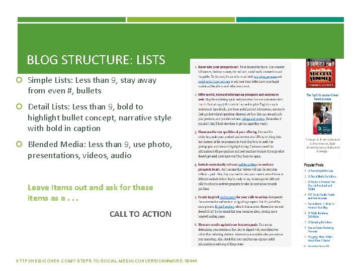 BLOG STRUCTURE: LISTS Simple Lists: Less than 9, stay away from even #, bullets