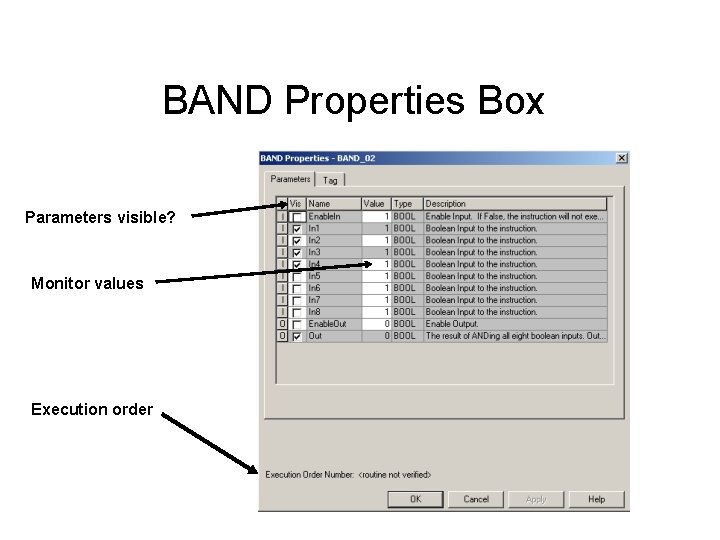 BAND Properties Box Parameters visible? Monitor values Execution order BAND Properties Box Parameters visible? Monitor values Execution order