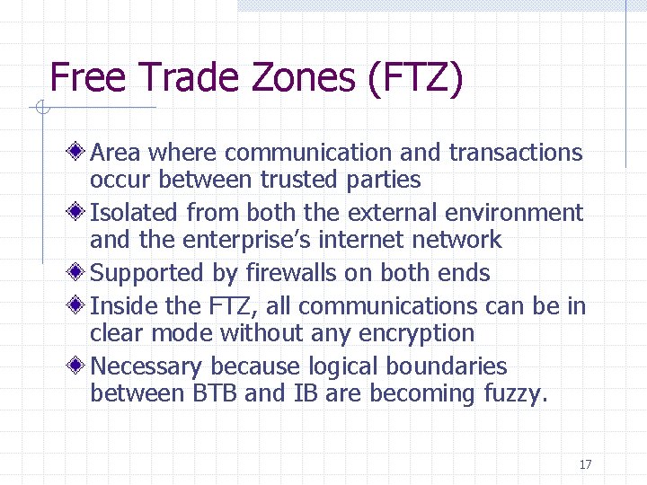 Free Trade Zones (FTZ) Area where communication and transactions occur between trusted parties Isolated