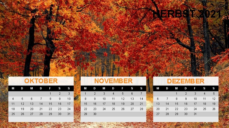 HERBST 2021 OKTOBER M D NOVEMBER DEZEMBER F S S M D F S