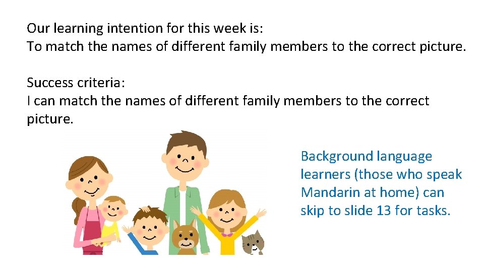 Our learning intention for this week is: To match the names of different family