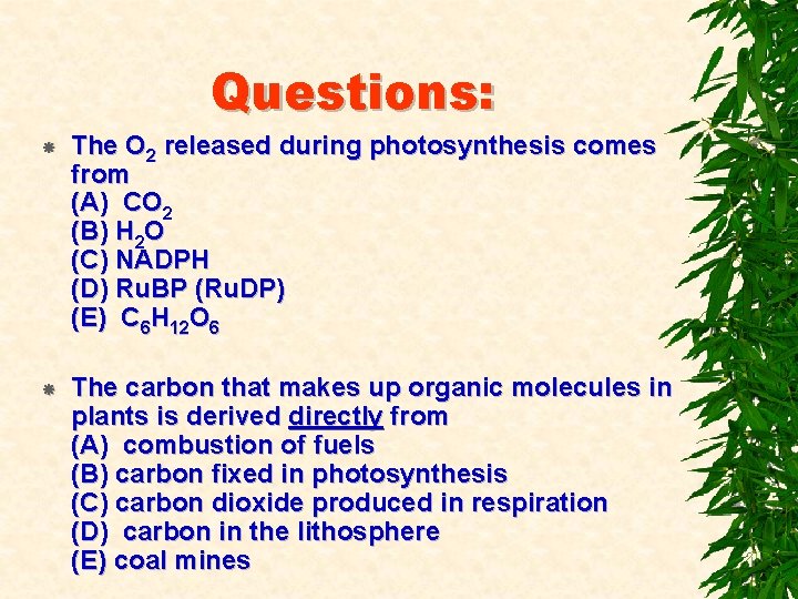 Questions: The O 2 released during photosynthesis comes from (A) CO 2 (B) H