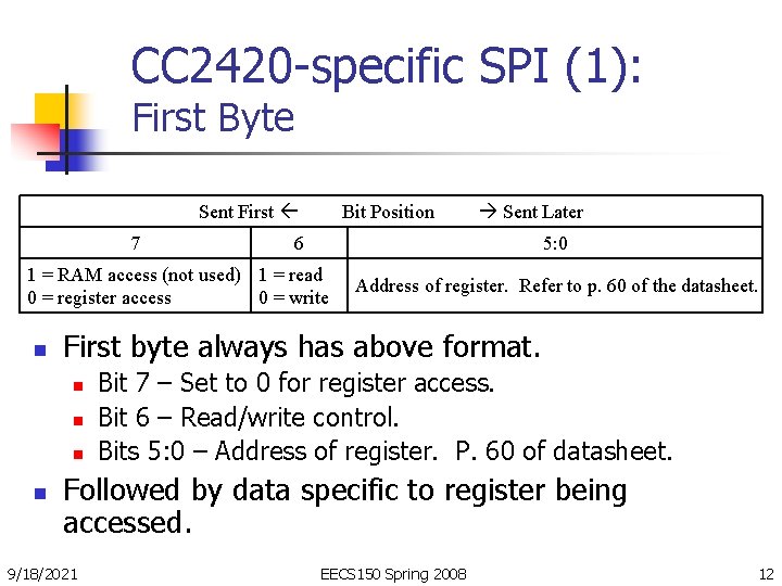 CC 2420 -specific SPI (1): First Byte Sent First 7 Bit Position 6 5: