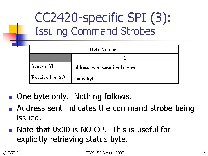 CC 2420 -specific SPI (3): Issuing Command Strobes Byte Number 1 n n n