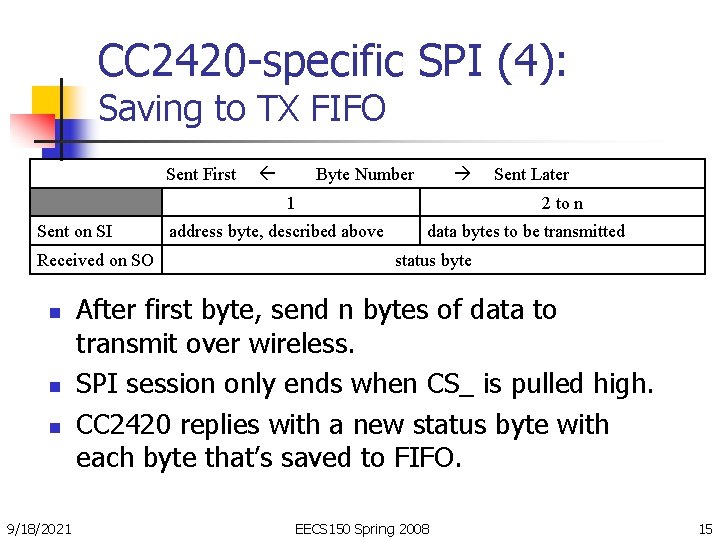 CC 2420 -specific SPI (4): Saving to TX FIFO Sent First Byte Number 1