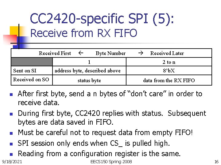 CC 2420 -specific SPI (5): Receive from RX FIFO Received First Byte Number 1