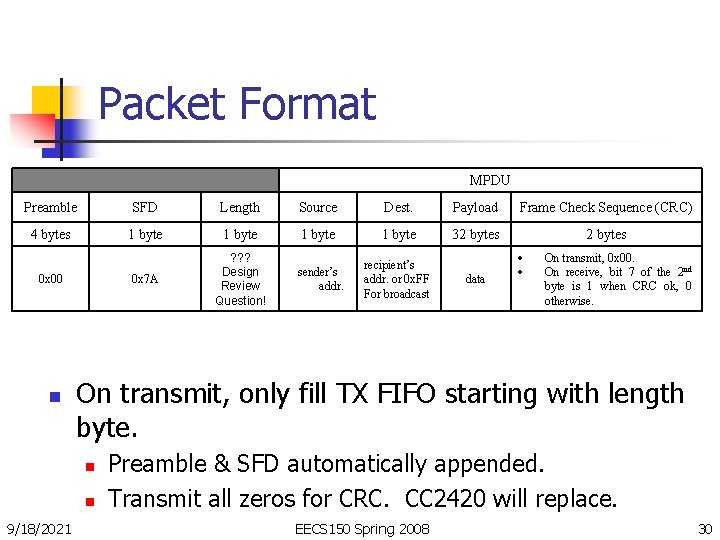 Packet Format MPDU Preamble SFD Length Source Dest. Payload Frame Check Sequence (CRC) 4