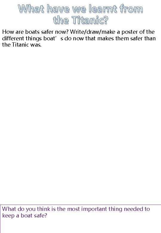 What have we learnt from the Titanic? How are boats safer now? Write/draw/make a