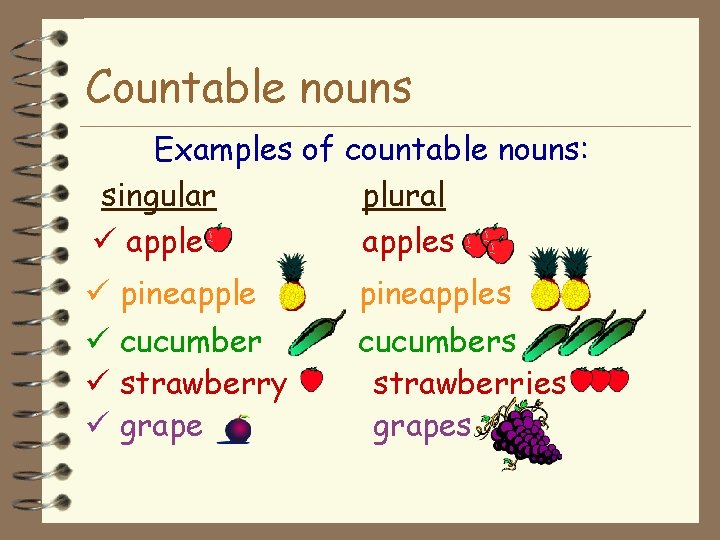 Countable nouns Examples of countable nouns: singular plural apples pineapple cucumber strawberry grape pineapples