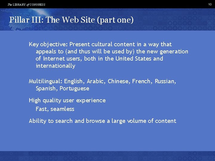 The LIBRARY of CONGRESS Pillar III: The Web Site (part one) Key objective: Present