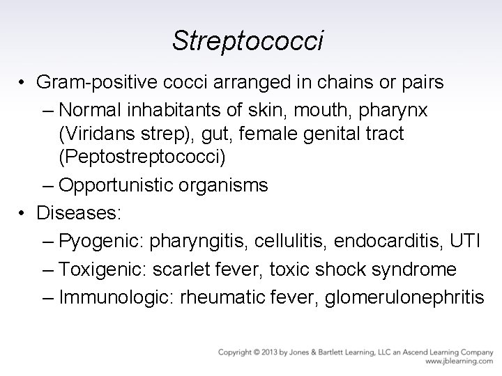 Streptococci • Gram-positive cocci arranged in chains or pairs – Normal inhabitants of skin,