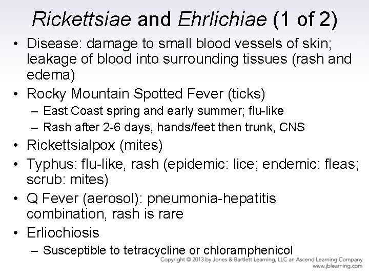 Rickettsiae and Ehrlichiae (1 of 2) • Disease: damage to small blood vessels of