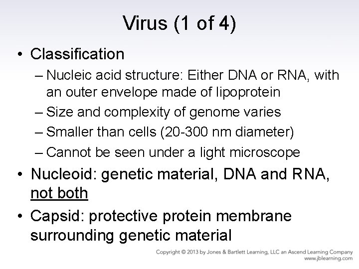 Virus (1 of 4) • Classification – Nucleic acid structure: Either DNA or RNA,