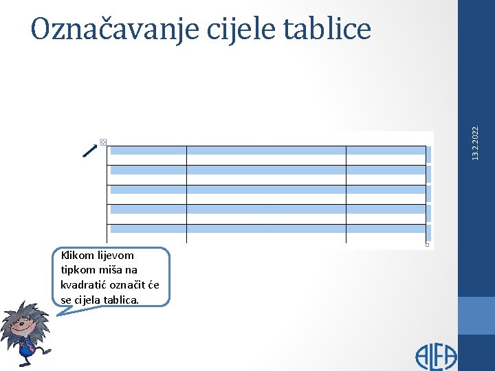 13. 2. 2022. Označavanje cijele tablice Klikom lijevom tipkom miša na kvadratić označit će