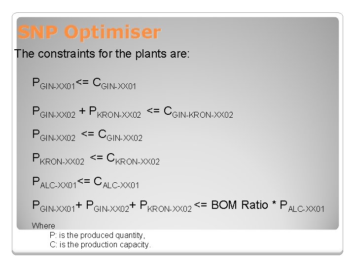 SNP Optimiser The constraints for the plants are: PGIN-XX 01<= CGIN-XX 01 PGIN-XX 02