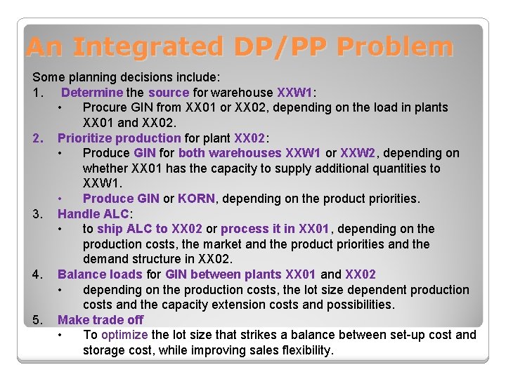 An Integrated DP/PP Problem Some planning decisions include: 1. Determine the source for warehouse