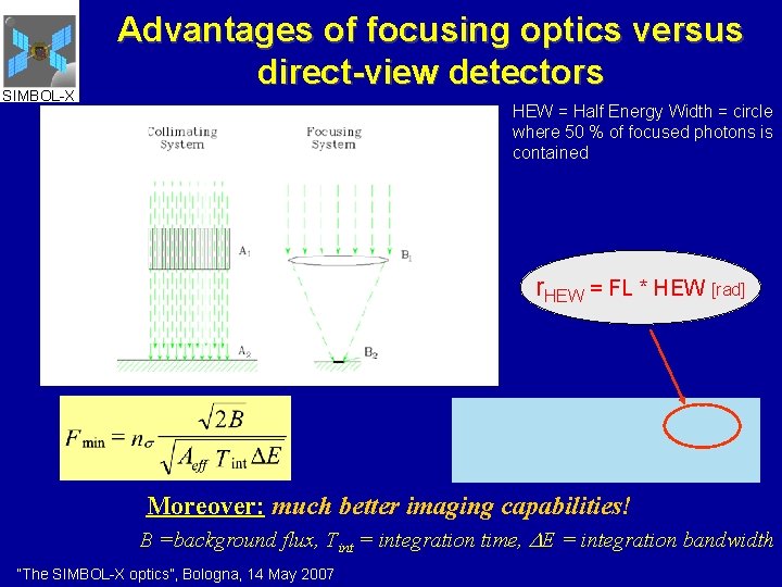 SIMBOL-X Advantages of focusing optics versus direct-view detectors HEW = Half Energy Width =