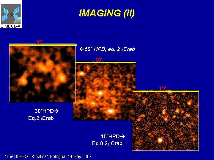 IMAGING (II) SIMBOL-X 10’ 50” HPD; eq. 2 Crab 10’ 1’ 10’ 30”HPD Eq.