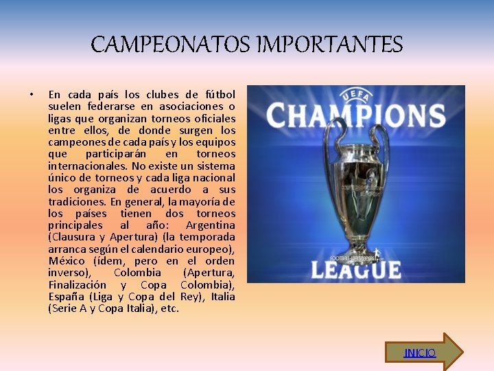 CAMPEONATOS IMPORTANTES • En cada país los clubes de fútbol suelen federarse en asociaciones