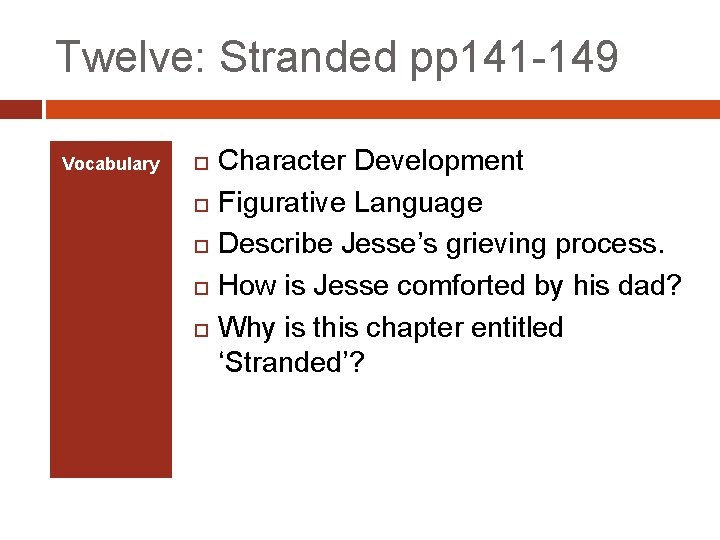 Twelve: Stranded pp 141 -149 Vocabulary Character Development Figurative Language Describe Jesse’s grieving process.