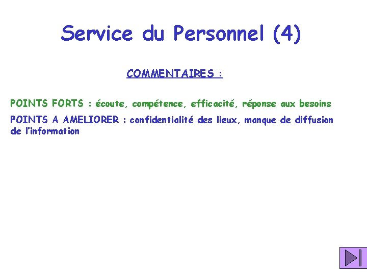 Service du Personnel (4) COMMENTAIRES : POINTS FORTS : écoute, compétence, efficacité, réponse aux