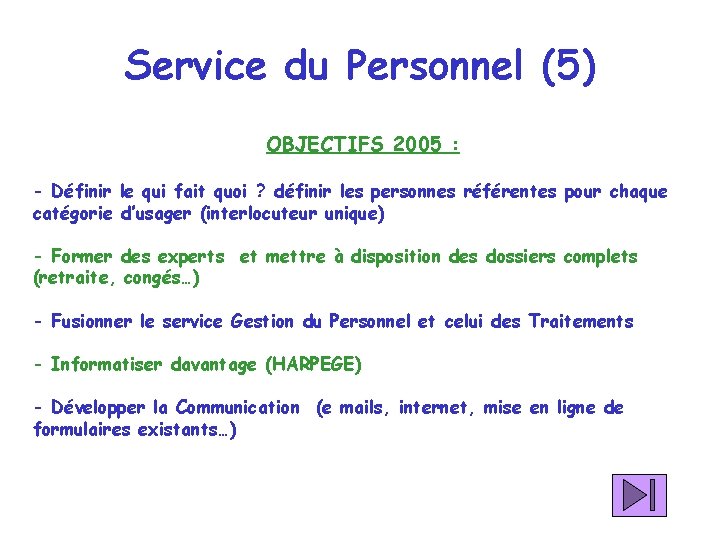 Service du Personnel (5) OBJECTIFS 2005 : - Définir le qui fait quoi ?