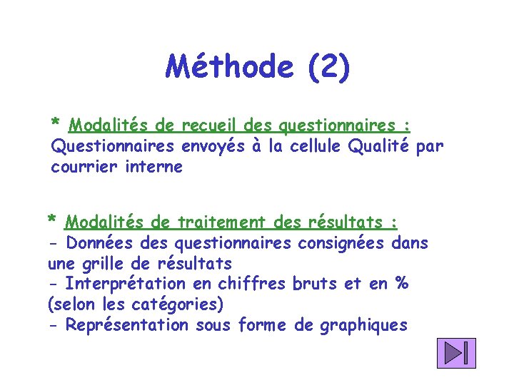 Méthode (2) * Modalités de recueil des questionnaires : Questionnaires envoyés à la cellule