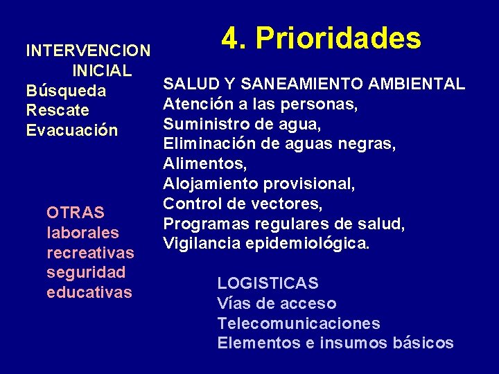 4. Prioridades INTERVENCION INICIAL SALUD Y SANEAMIENTO AMBIENTAL Búsqueda Atención a las personas, Rescate