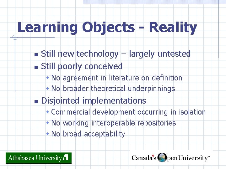 Learning Objects - Reality Still new technology – largely untested Still poorly conceived No