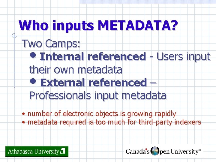 Who inputs METADATA? Two Camps: • Internal referenced - Users input their own metadata