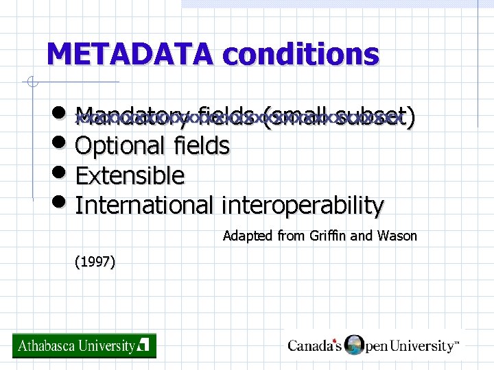 METADATA conditions • xxxxxxxxxxxxxxxxx Mandatory fields (small subset) • Optional fields • Extensible •