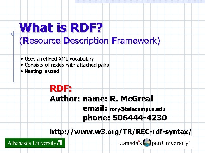 What is RDF? (Resource Description Framework) • Uses a refined XML vocabulary • Consists