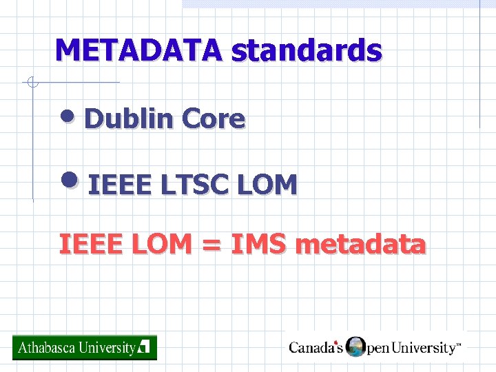 METADATA standards • Dublin Core • IEEE LTSC LOM IEEE LOM = IMS metadata