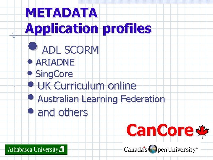 METADATA Application profiles • ADL SCORM • ARIADNE • Sing. Core • UK Curriculum