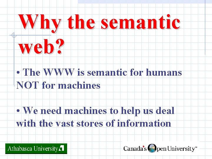 Why the semantic web? • The WWW is semantic for humans NOT for machines