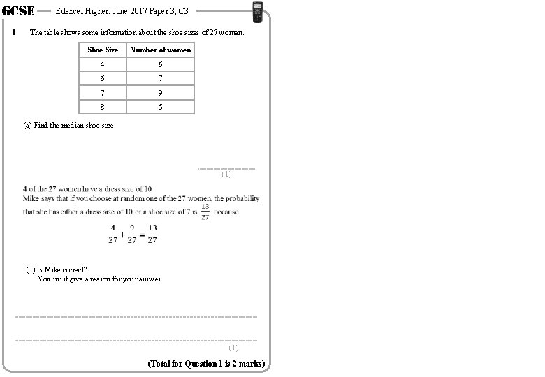 GCSE 1 Edexcel Higher: June 2017 Paper 3, Q 3 The table shows some