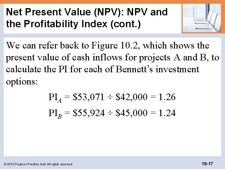 Net Present Value (NPV): NPV and the Profitability Index (cont. ) We can refer