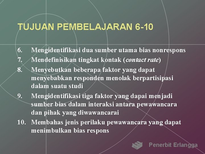 TUJUAN PEMBELAJARAN 6 -10 6. 7. 8. Mengidentifikasi dua sumber utama bias nonrespons Mendefinisikan