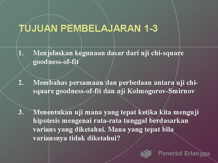 TUJUAN PEMBELAJARAN 1 -3 1. Menjelaskan kegunaan dasar dari uji chi-square goodness-of-fit 2. Membahas