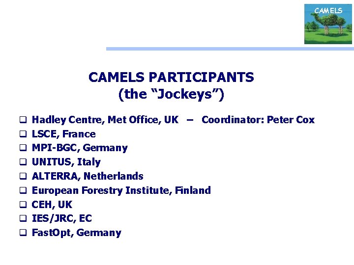 CAMELS PARTICIPANTS (the “Jockeys”) q q q q q Hadley Centre, Met Office, UK