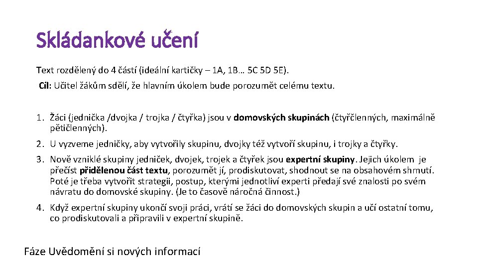 Skládankové učení Text rozdělený do 4 částí (ideální kartičky – 1 A, 1 B…