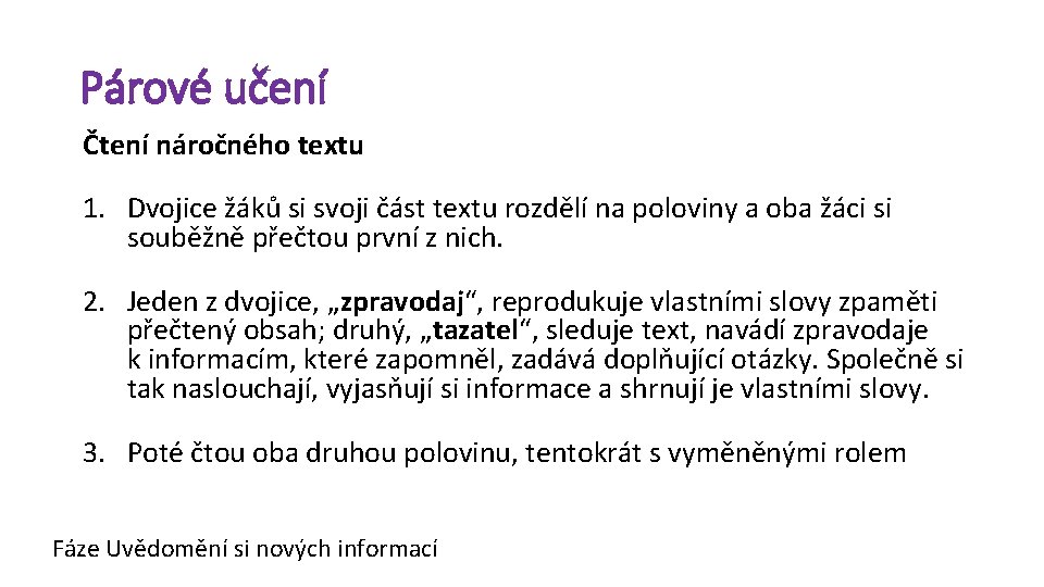 Párové učení Čtení náročného textu 1. Dvojice žáků si svoji část textu rozdělí na