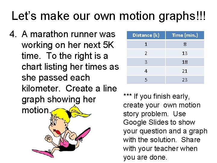 Let’s make our own motion graphs!!! 4. A marathon runner was working on her