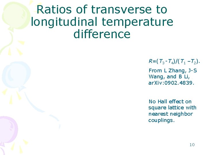 Ratios of transverse to longitudinal temperature difference R=(T 3 -T 4)/(T 1 –T 2).
