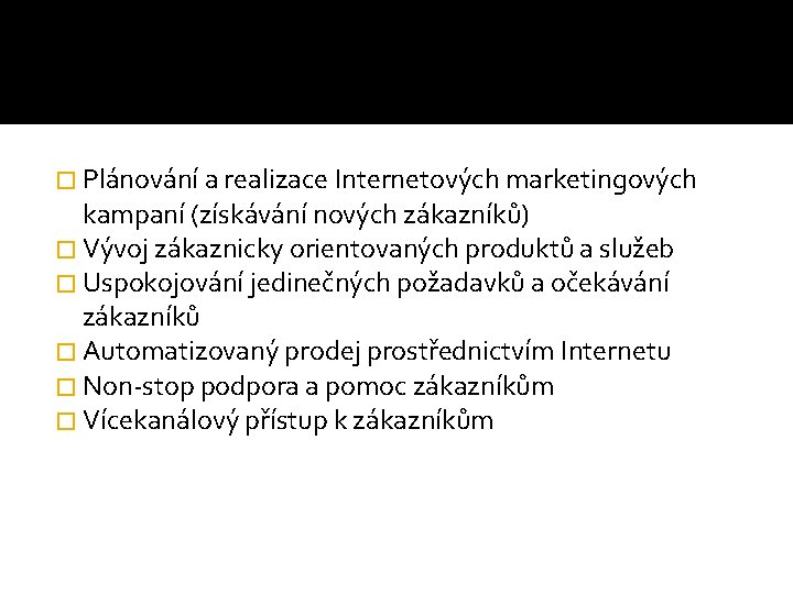 � Plánování a realizace Internetových marketingových kampaní (získávání nových zákazníků) � Vývoj zákaznicky orientovaných