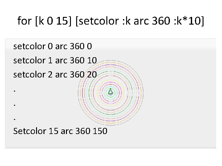 for [k 0 15] [setcolor : k arc 360 : k*10] setcolor 0 arc