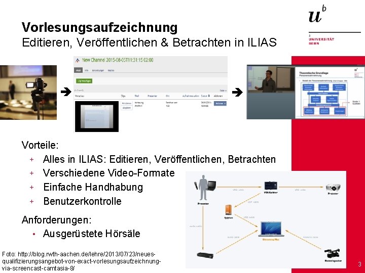 Vorlesungsaufzeichnung Editieren, Veröffentlichen & Betrachten in ILIAS Vorteile: + Alles in ILIAS: Editieren, Veröffentlichen,