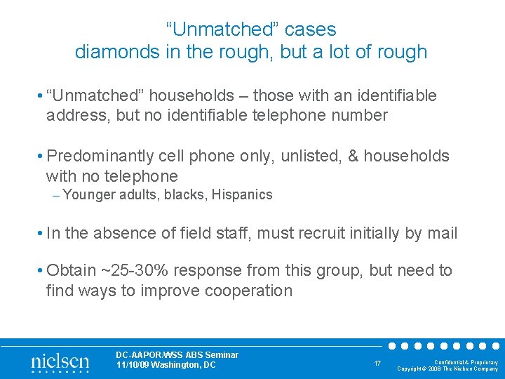 “Unmatched” cases diamonds in the rough, but a lot of rough • “Unmatched” households