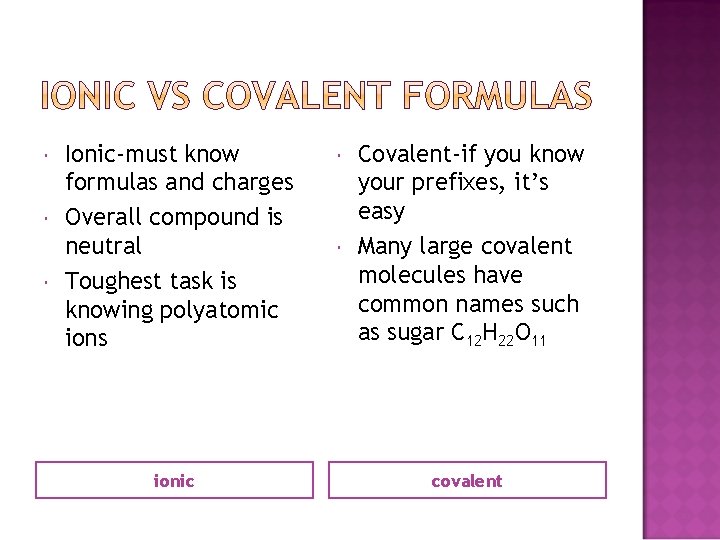  Ionic-must know formulas and charges Overall compound is neutral Toughest task is knowing