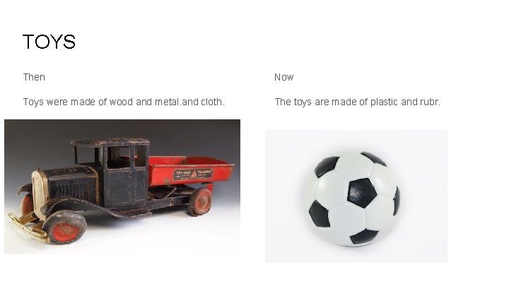 TOYS Then Now Toys were made of wood and metal. and cloth. The toys